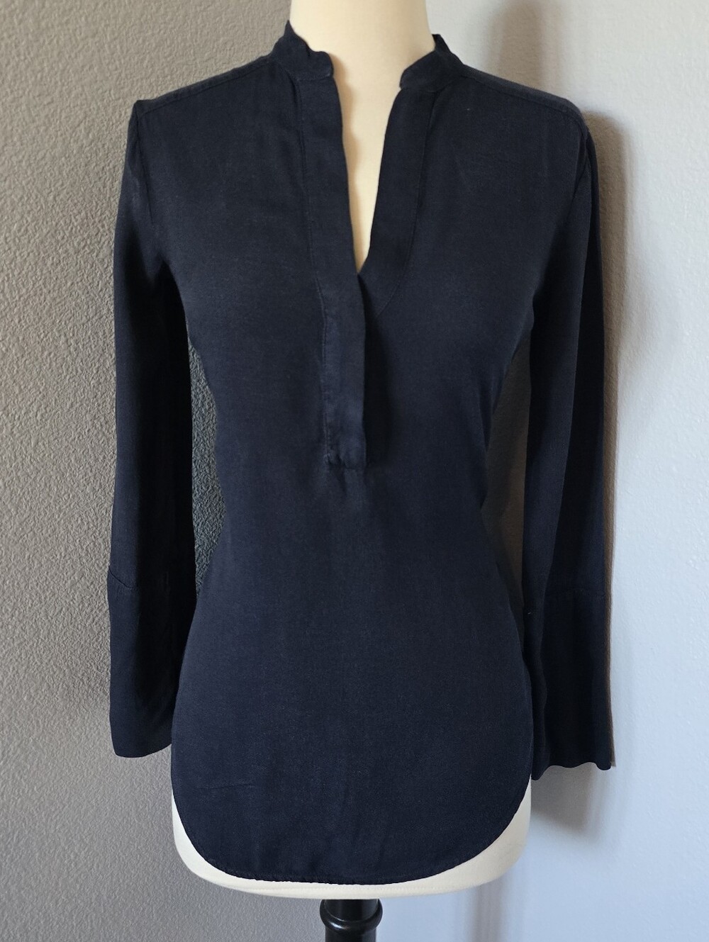 James Perse Navy Long Sleeve Henley Split Neck Tunic Top Size 0 Extra Small